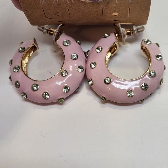 Plunder Design Pink Enamel Rhinestone Hoop Earrings Chunky Post Fashion Jewelry - Picture 3 of 5